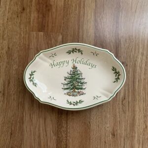 Spode Cream and Green Holiday Oval serving Platter “Happy Holidays “ EUC!